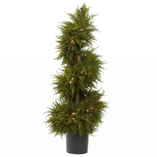 43” Cedar Spiral Topiary artificial tree with lights in a black planter by Nearly Natural on Tampa Home & Garden Store