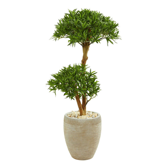 44in Podocarpus Bonsai tree with green leaves in a sand-colored planter by Nearly Natural on Tampa Home & Garden Store