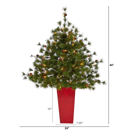 44in Colorado Mountain Pine tree with 50 lights, 171 bendable branches pine cones in red planter on Tampa Home & Garden Store