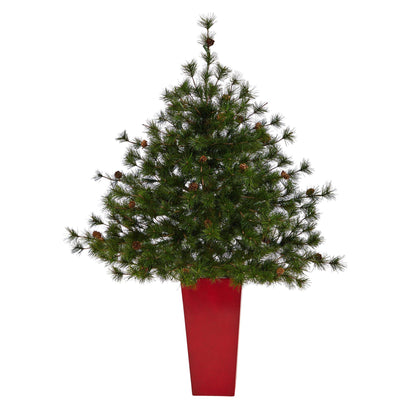 Colorado Mountain Pine Christmas tree by Nearly Natural with 50 lights in red planter on Tampa Home & Garden Store