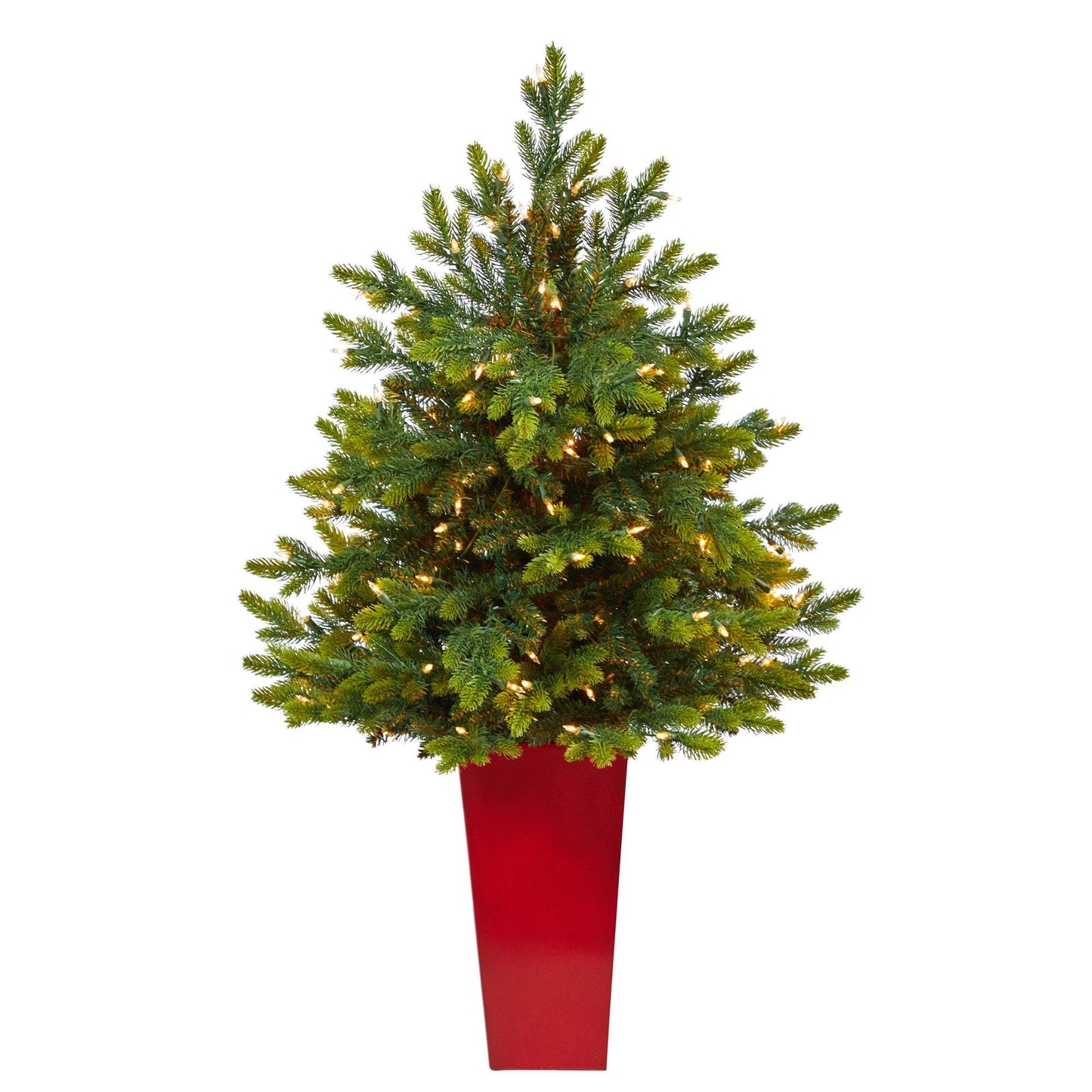 Artificial Christmas tree NC Fir by Nearly Natural in red tower planter with 150 clear lights on Tampa Home & Garden Store