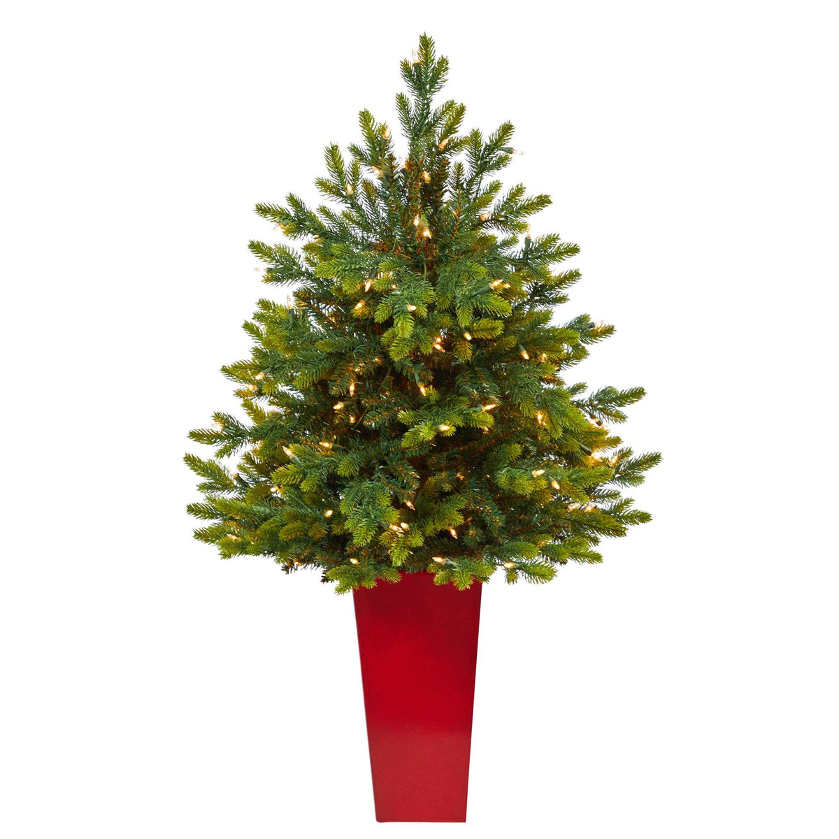 Artificial Christmas tree NC Fir by Nearly Natural in red tower planter with 150 clear lights on Tampa Home & Garden Store