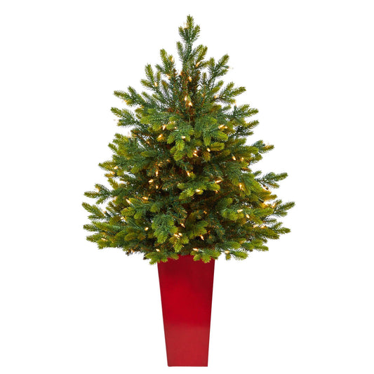 Artificial Christmas tree NC Fir by Nearly Natural in red tower planter with 150 clear lights on Tampa Home & Garden Store