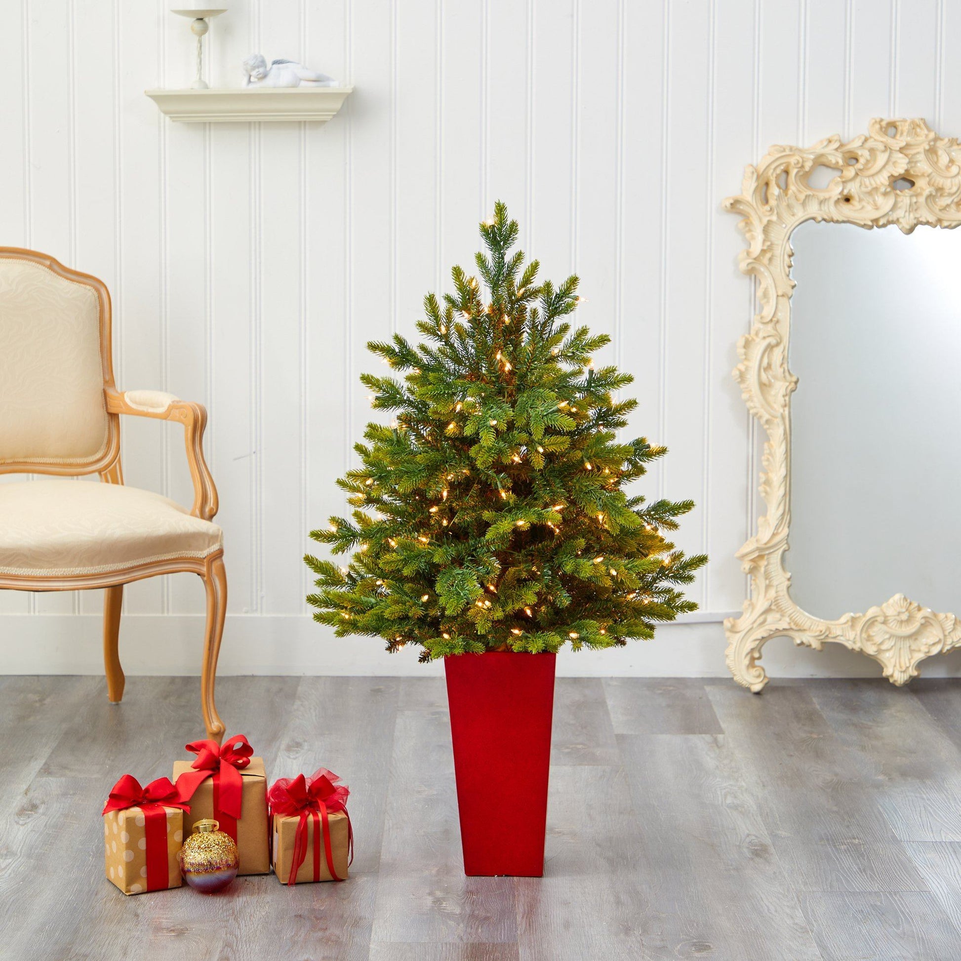Nearly Natural 44” North Carolina Fir Christmas tree red tower planter 563 bendable branches on Tampa Home & Garden Store