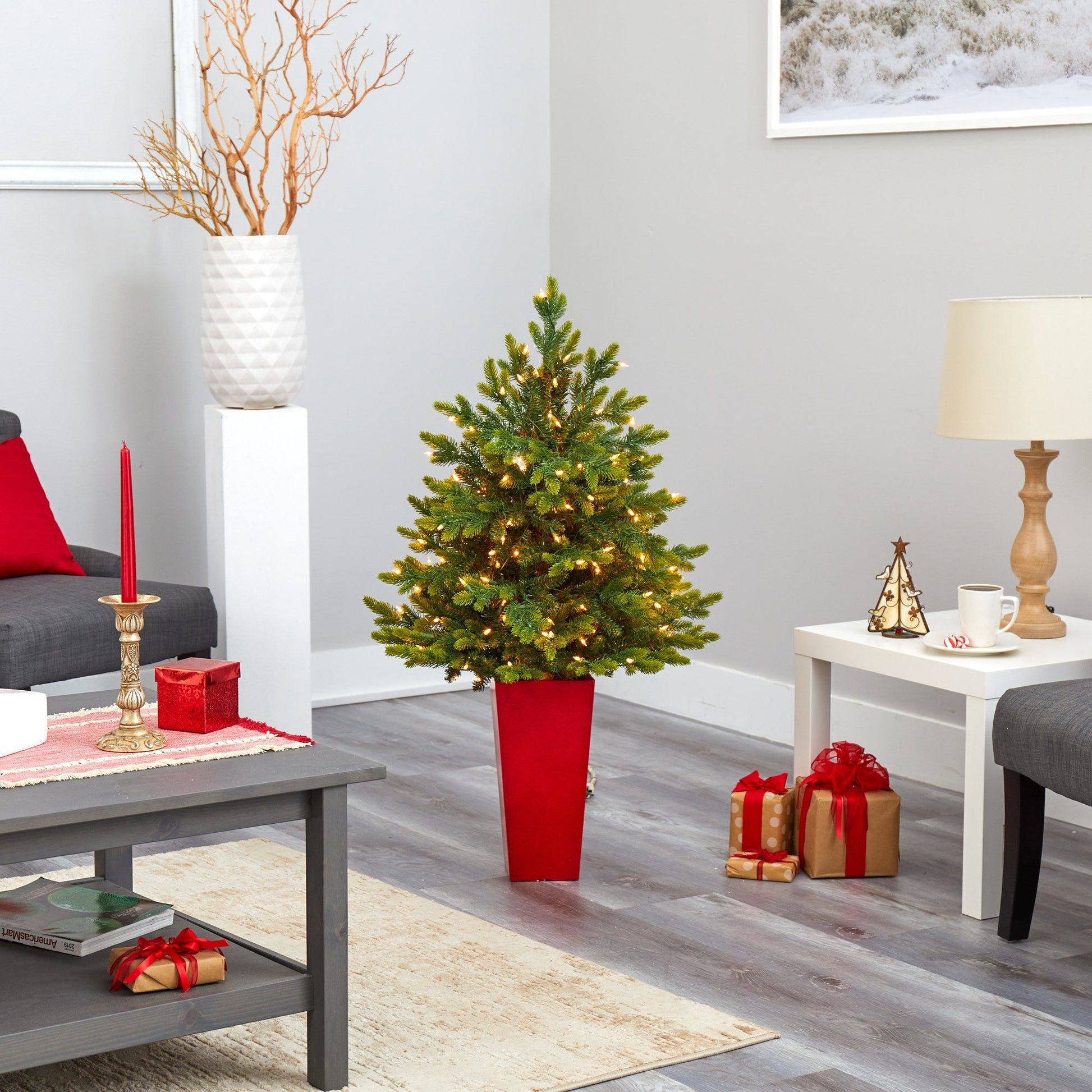 Nearly Natural 44 in North Carolina Fir Christmas tree in red tower planter with 150 clear lights on Tampa Home & Garden Store