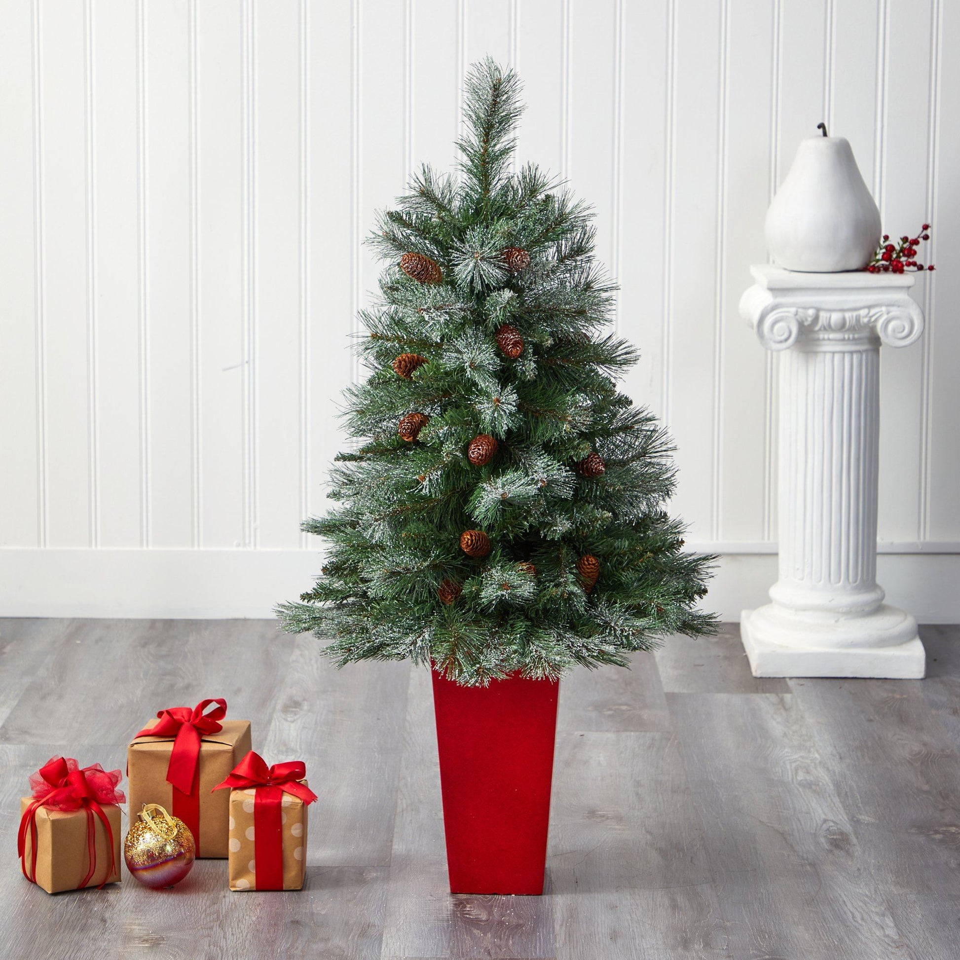 Nearly Natural 44-inch Snowed Alps Pine Christmas tree in red planter with 135 bendable branches on Tampa Home & Garden Store