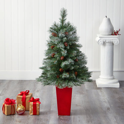 Nearly Natural 44-inch Snowed Alps Pine Christmas tree in red planter with 135 bendable branches on Tampa Home & Garden Store