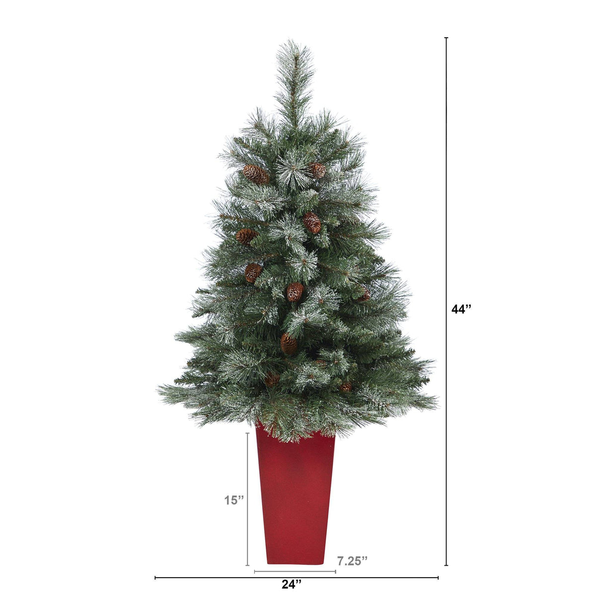 Artificial Christmas Tree 44in Snowed French Alps Pine with pinecones in red planter on Tampa Home & Garden Store