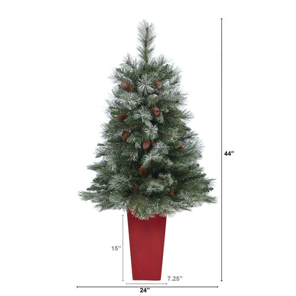 Artificial Christmas Tree 44in Snowed French Alps Pine with pinecones in red planter on Tampa Home & Garden Store