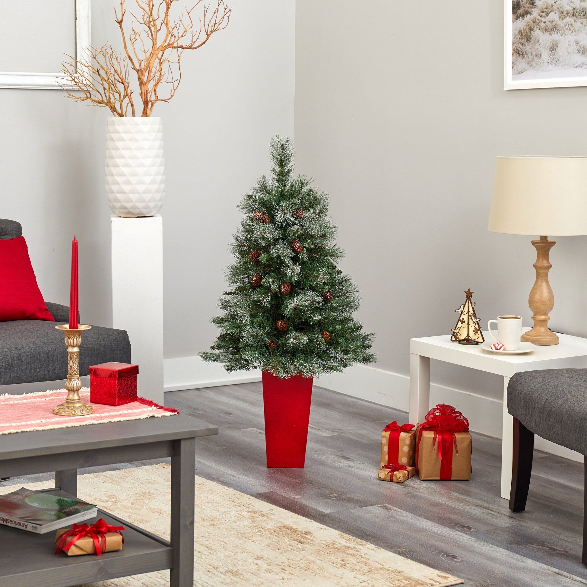44in Snowed Alps Christmas tree with bendable branches and pine cones in red planter on Tampa Home & Garden Store