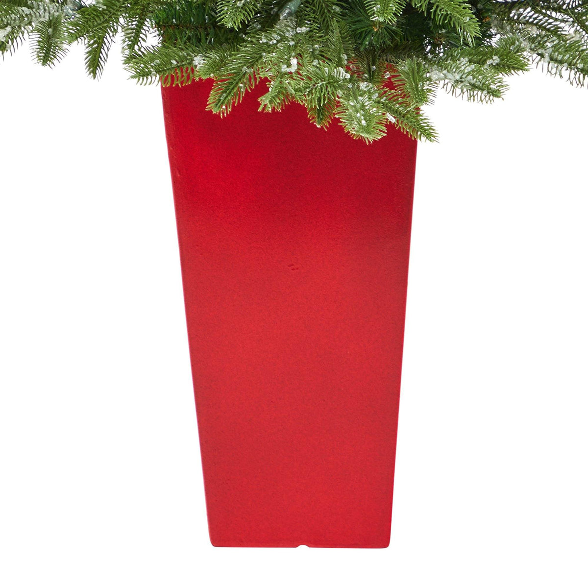 44" Snowed Grand Teton Fir Christmas Tree by Nearly Natural in red planter with snowy branches on Tampa Home & Garden Store