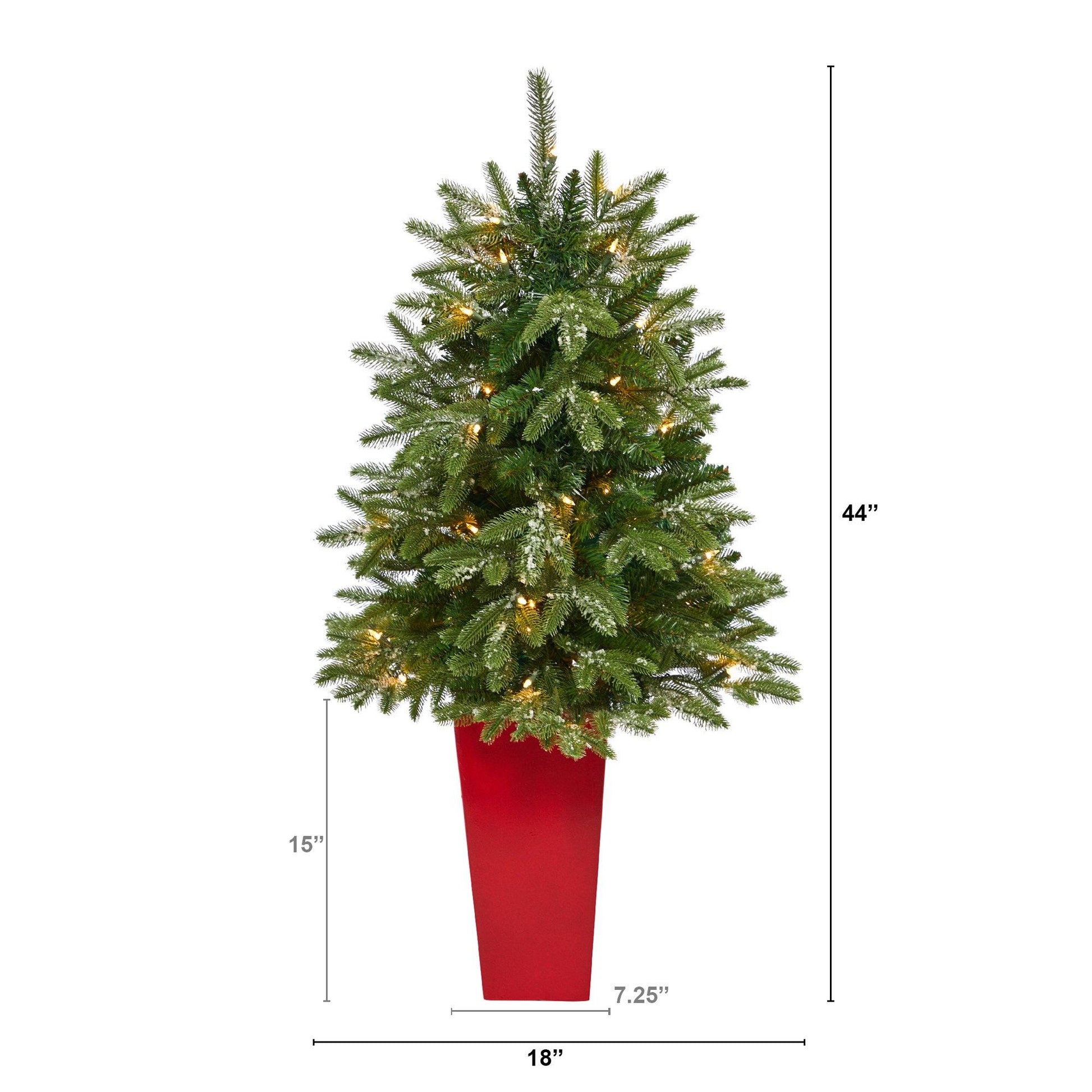 44in Snowed Grand Teton Fir Christmas tree by Nearly Natural in red planter with 50 lights on Tampa Home & Garden Store