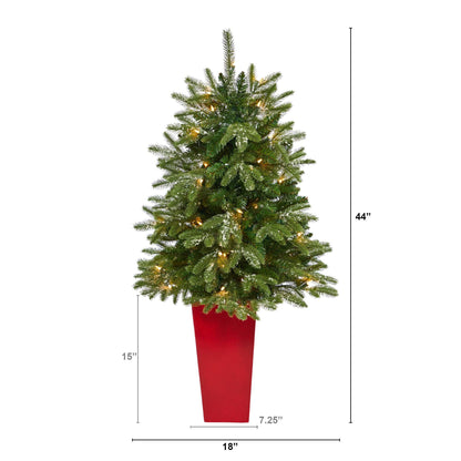 44in Snowed Grand Teton Fir Christmas tree by Nearly Natural in red planter with 50 lights on Tampa Home & Garden Store