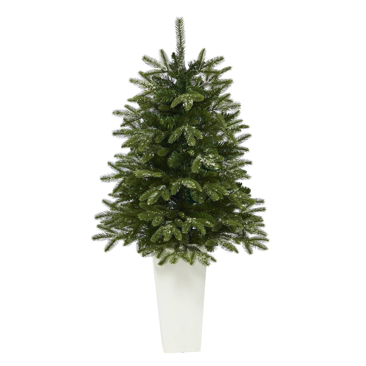 Artificial Christmas tree Grand Teton Fir with snow-dusted green needles in white planter on Tampa Home & Garden Store