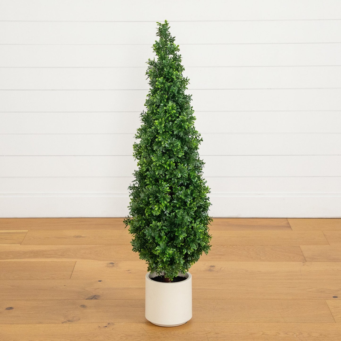Boxwood topiary cone tree in decorative white planter, UV resistant, Nearly Natural on Tampa Home & Garden Store