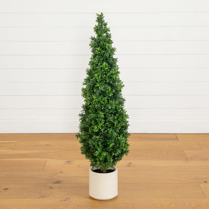 Boxwood topiary cone tree in decorative white planter, UV resistant, Nearly Natural on Tampa Home & Garden Store