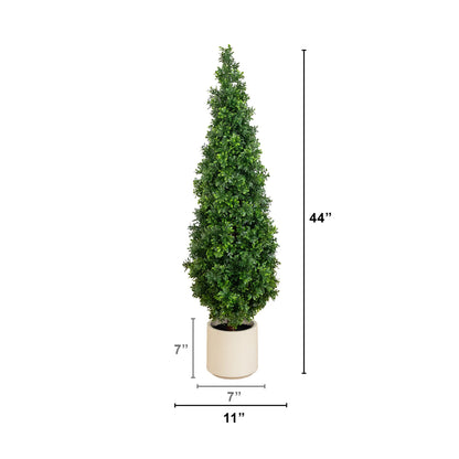Artificial boxwood topiary cone tree, 44-inch UV resistant, in white planter, Nearly Natural on Tampa Home & Garden Store