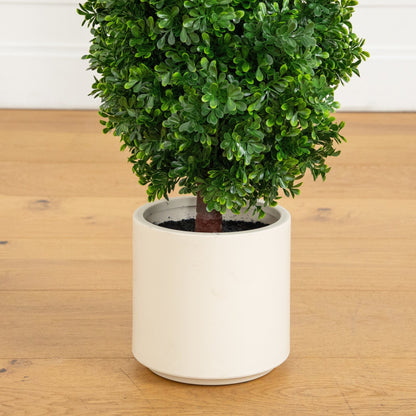 Artificial boxwood topiary cone in white planter, 44in, UV resistant by Nearly Natural on Tampa Home & Garden Store
