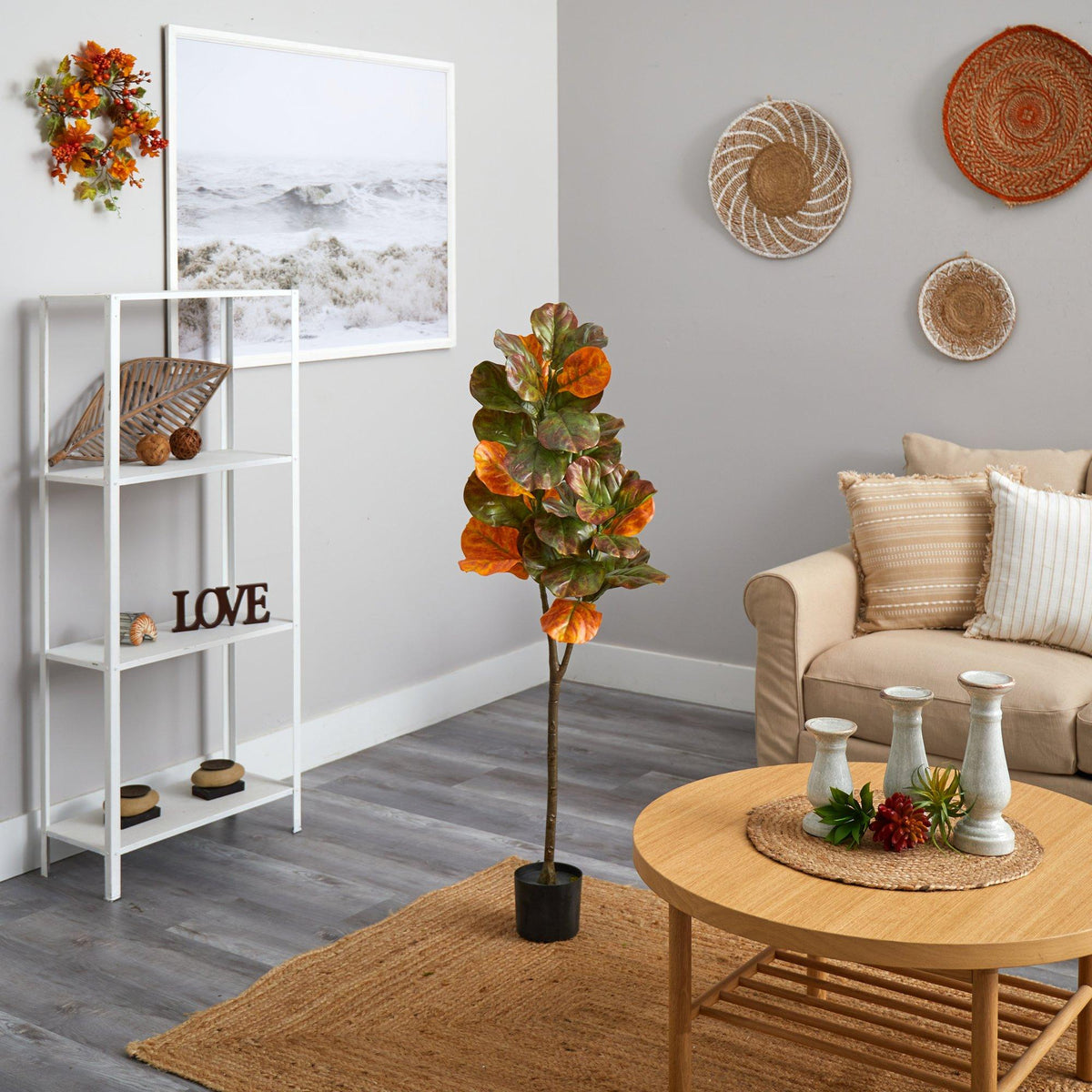 4.5' Autumn Fiddle Leaf Tree by Nearly Natural with orange-green leaves in a living room on Tampa Home & Garden Store