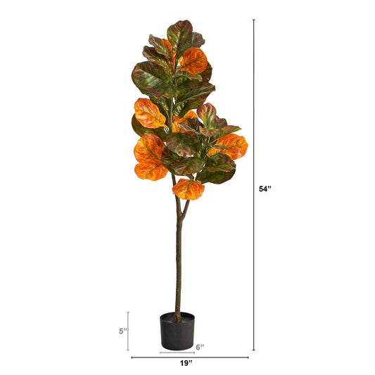 4.5-ft Autumn Fiddle Leaf Artificial Tree with orange-green leaves in black pot by Nearly Natural on Tampa Home & Garden Store
