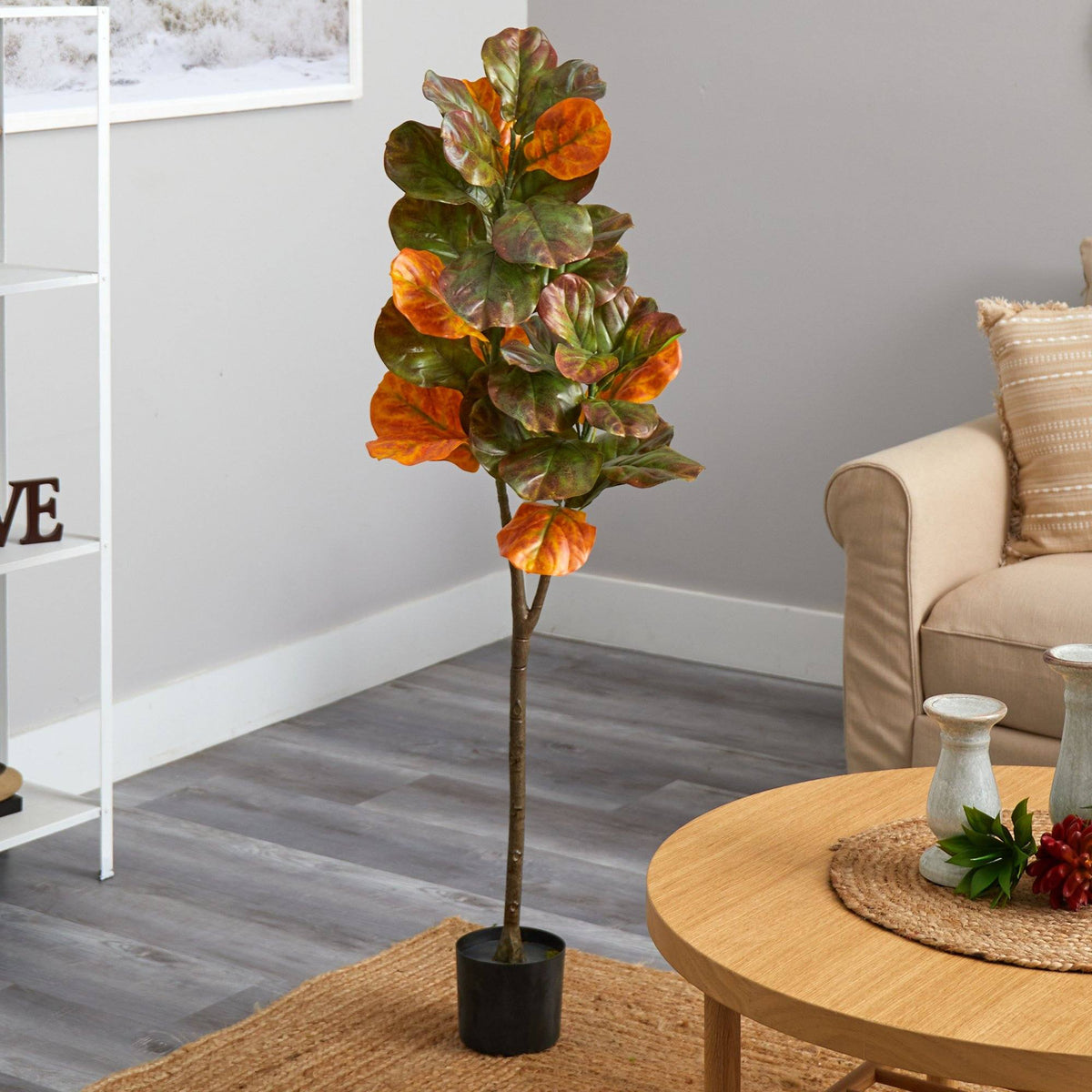Nearly Natural 4.5ft Autumn Fiddle Leaf Artificial Tree with orange-green leaves on Tampa Home & Garden Store