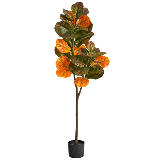 4.5 ft autumn fiddle leaf artificial tree with orange leaves by Nearly Natural in black pot on Tampa Home & Garden Store