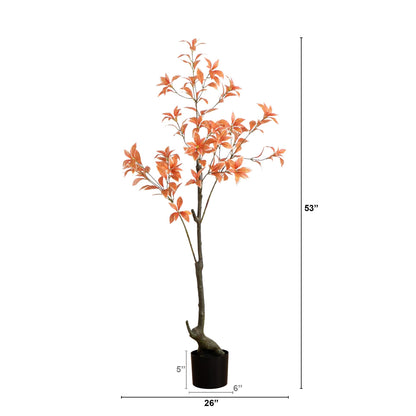4.5' Autumn Pieris artificial tree with orange leaves in a black pot Nearly Natural on Tampa Home & Garden Store