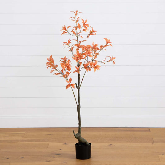 4.5' Autumn Pieris artificial tree by Nearly Natural with orange leaves in black pot on Tampa Home & Garden Store