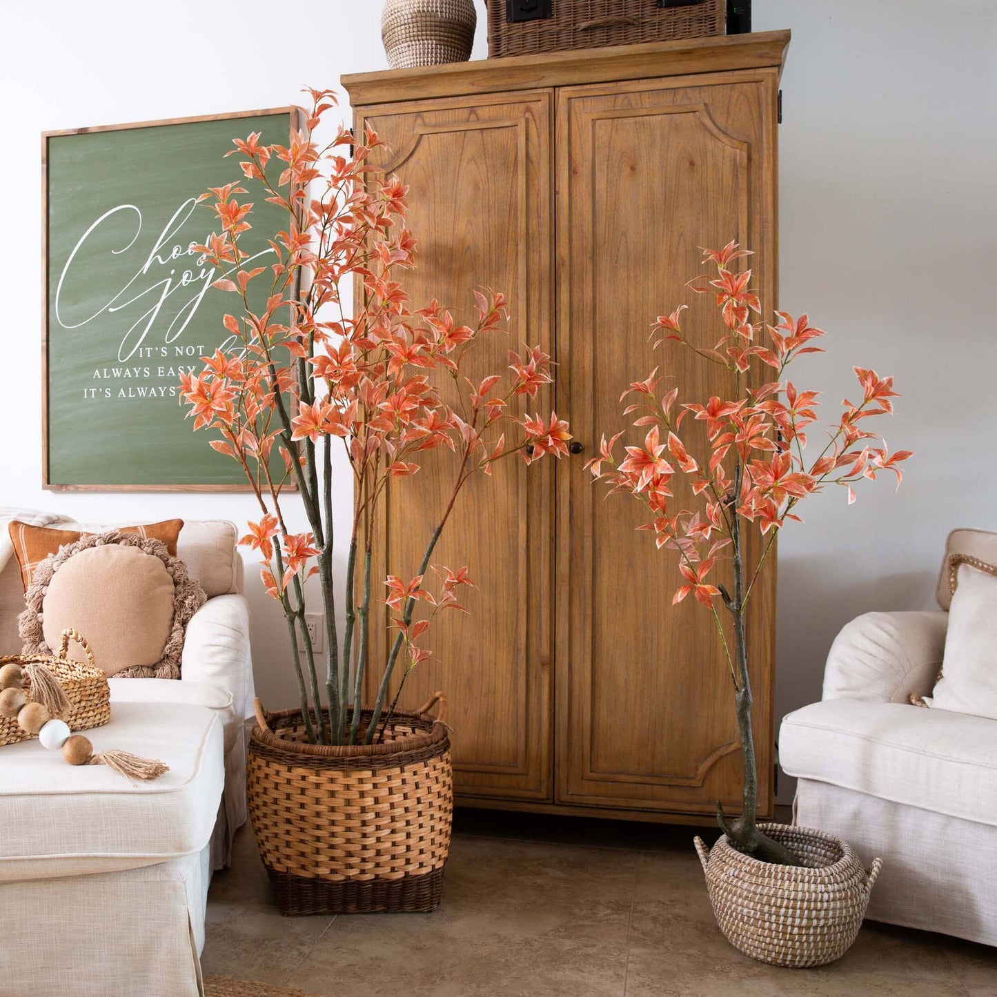 4.5' Autumn Pieris Artificial Tree by Nearly Natural with orange leaves in a woven basket on Tampa Home & Garden Store