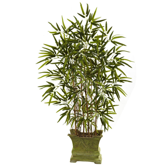 45in Bamboo Tree with Decorative Planter, Nearly Natural lush green leaves in carved green pot on Tampa Home & Garden Store