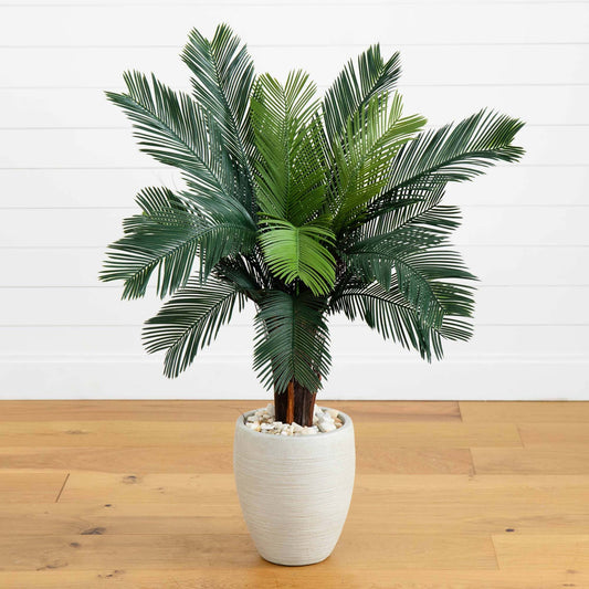 4.5’ Cycas artificial tree in an oval white planter with white stones, Nearly Natural on Tampa Home & Garden Store