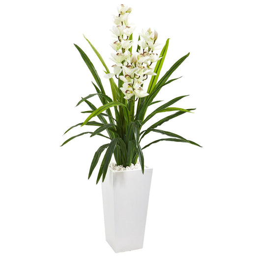 4.5’ Cymbidium Orchid Artificial Plant in White Tower Planter - Tampa Home & Garden Store