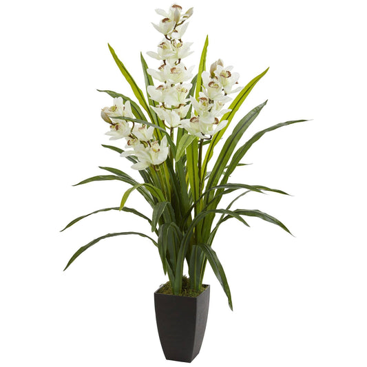 45” Cymbidium Orchid Artificial Plant with white blooms and green leaves in a black planter on Tampa Home & Garden Store
