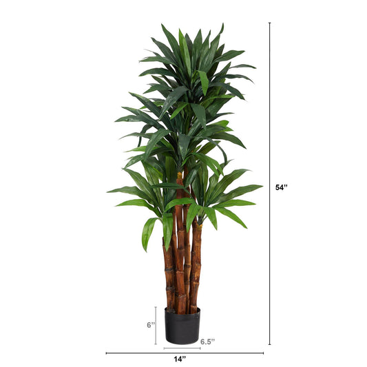 4.5’ Dracaena Artificial Tree with Natural Trunk by Nearly Natural, green leaves in a black pot on Tampa Home & Garden Store