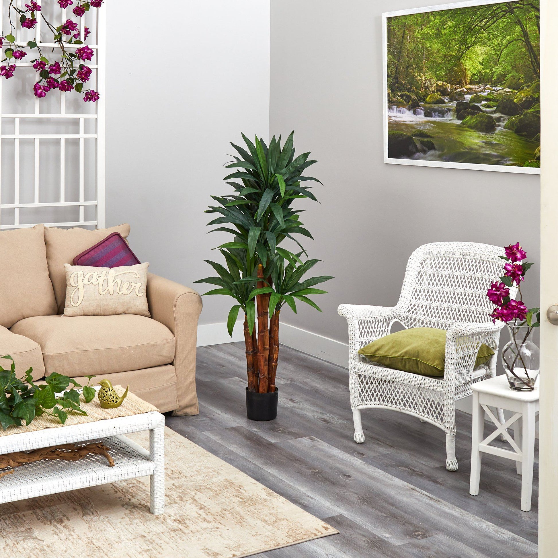 Dracaena artificial tree with natural trunk, 4.5 ft, Nearly Natural in black planter on Tampa Home & Garden Store