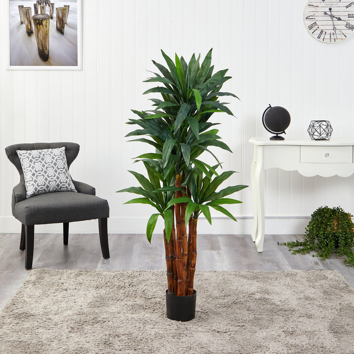 4.5’ Dracaena artificial tree with natural trunk in black pot Nearly Natural green foliage on Tampa Home & Garden Store