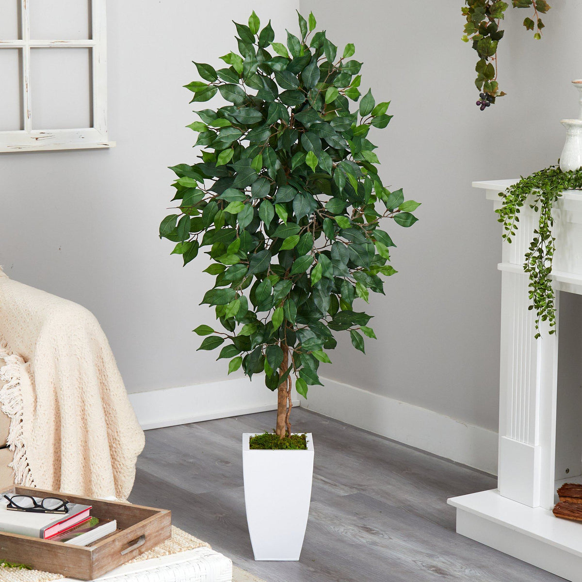4.5ft ficus artificial tree in white metal planter by Nearly Natural on Tampa Home & Garden Store