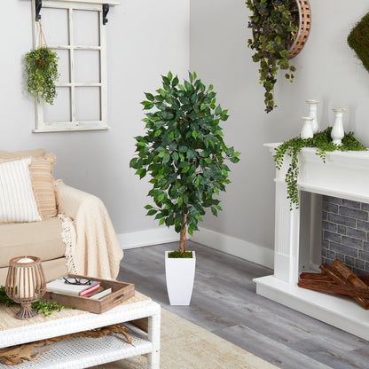 4.5’ Ficus Artificial Tree in white metal planter with lush green leaves on Tampa Home & Garden Store