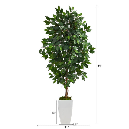 4.5’ Ficus Artificial Tree with green leaves in white metal planter by Nearly Natural on Tampa Home & Garden Store