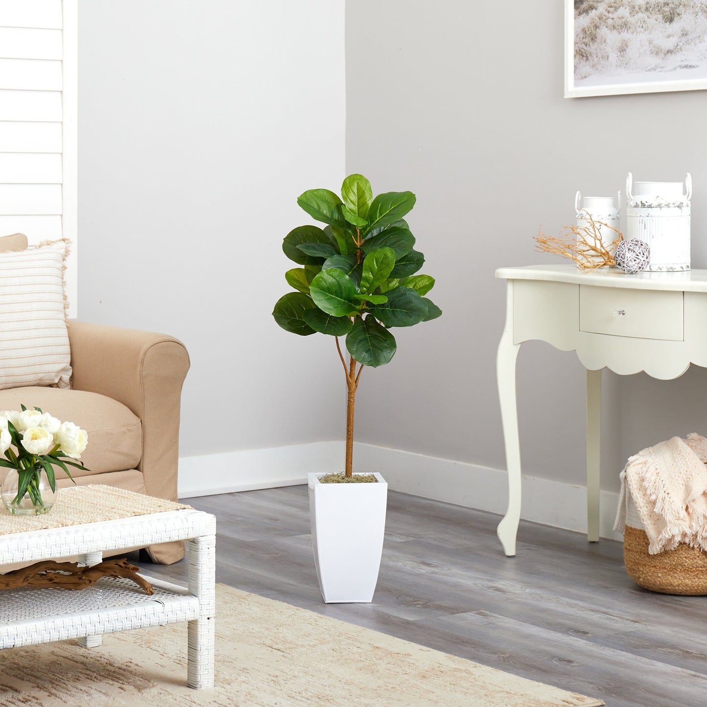 Nearly Natural 45in fiddle leaf artificial tree in white metal planter with lush green leaves in home decor on Tampa Home & Garden Store