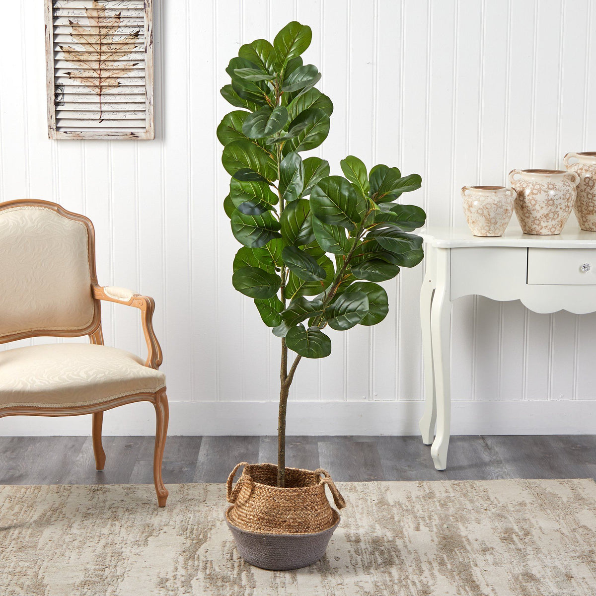 Nearly Natural 4.5ft fiddle leaf fig artificial tree in boho cotton-jute woven planter on Tampa Home & Garden Store