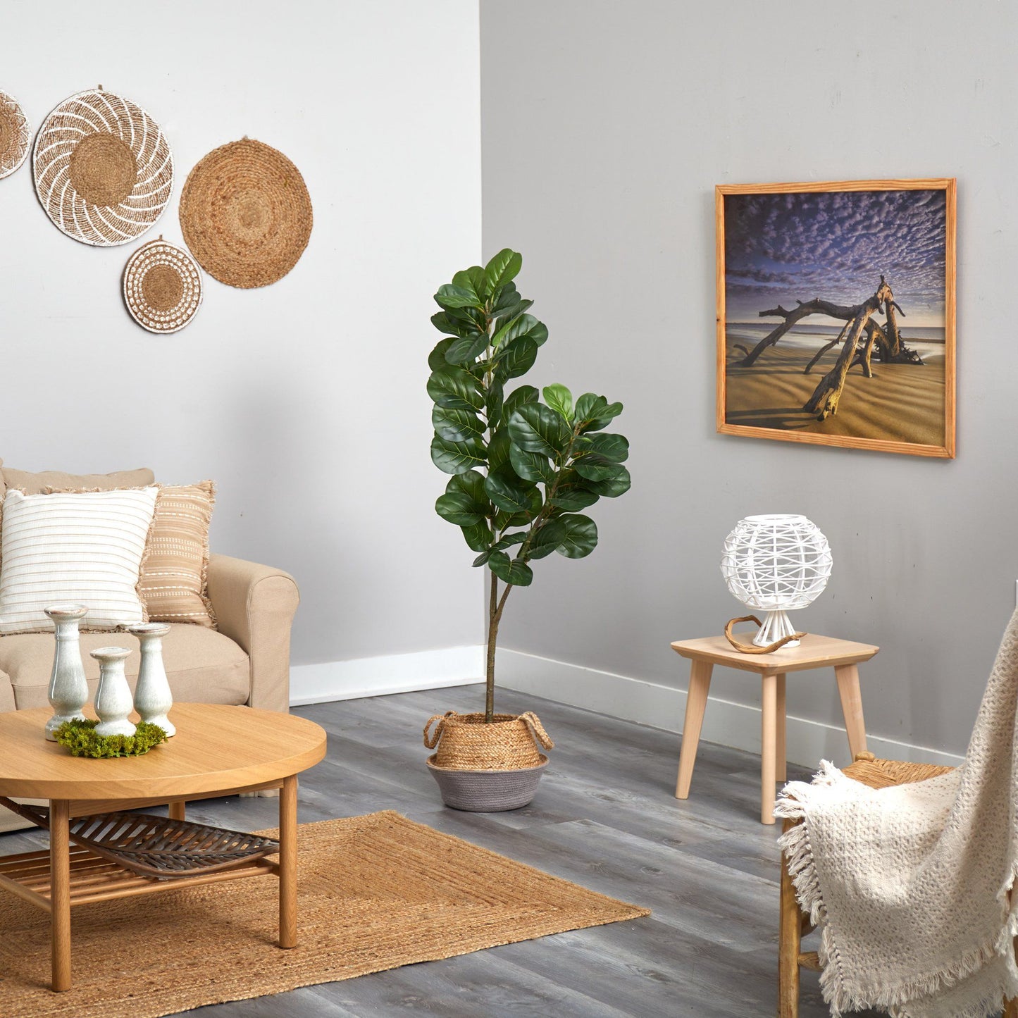 4.5’ Fiddle Leaf Fig Tree in boho white woven planter with glossy green leaves Nearly Natural on Tampa Home & Garden Store