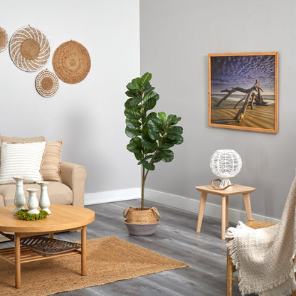 4.5’ Fiddle Leaf Fig Tree in boho white woven planter with glossy green leaves Nearly Natural on Tampa Home & Garden Store
