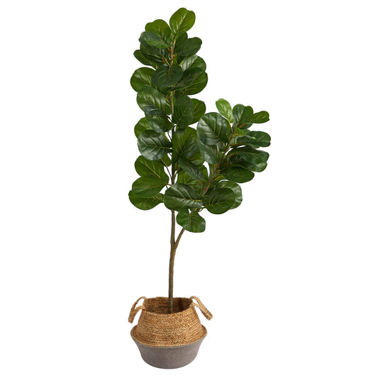 Fiddle Leaf Fig Artificial Tree with green leaves in white woven planter Nearly Natural on Tampa Home & Garden Store