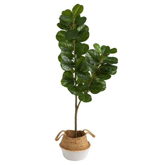 4.5’ Fiddle Leaf Fig Artificial Tree with Boho Chic Handmade Cotton & Jute White Woven Planter - Tampa Home & Garden Store