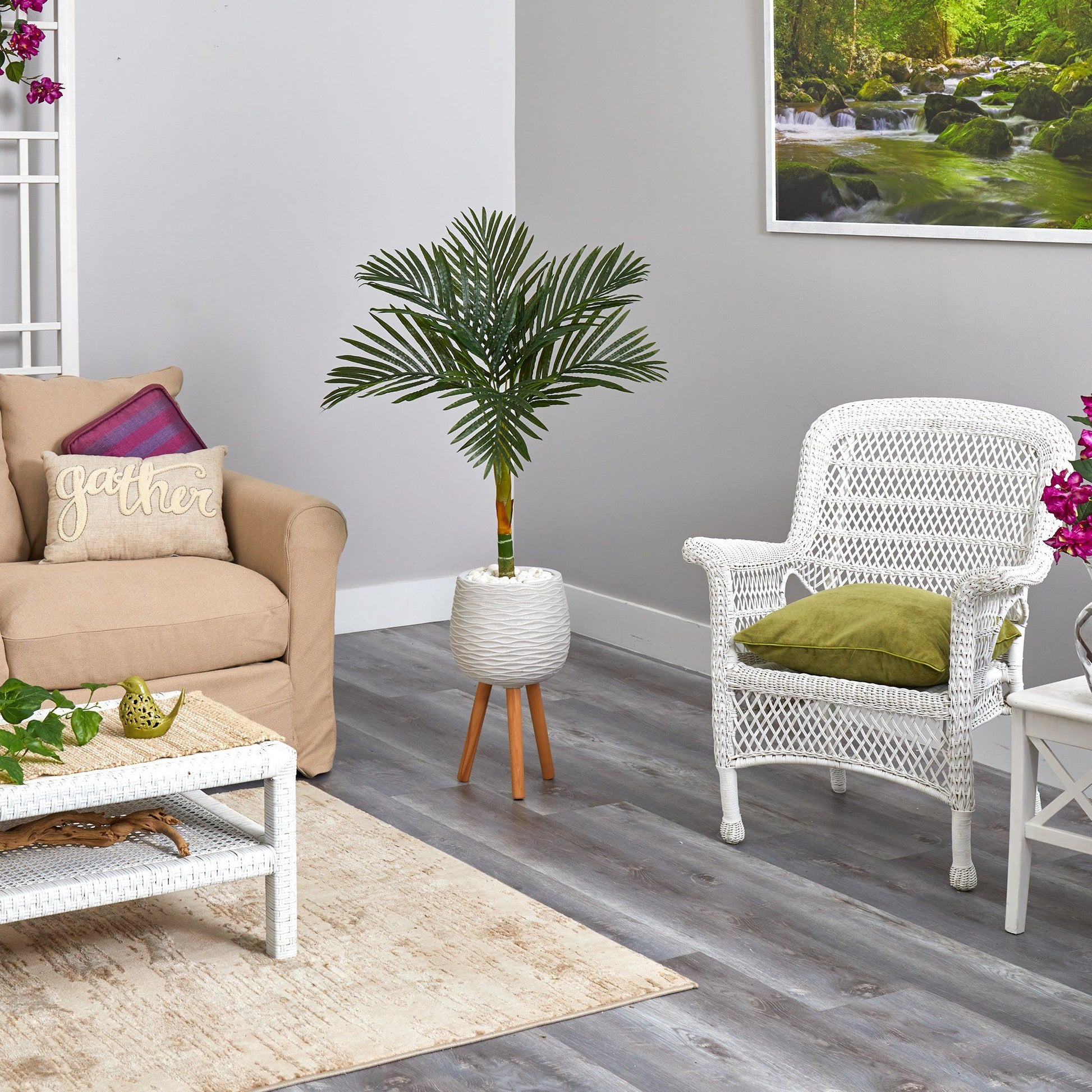 Nearly Natural artificial 4.5 ft Golden Cane Palm Tree in white textured planter with stand on Tampa Home & Garden Store