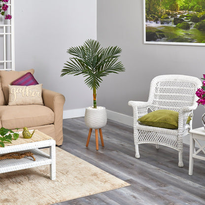 Nearly Natural artificial 4.5 ft Golden Cane Palm Tree in white textured planter with stand on Tampa Home & Garden Store