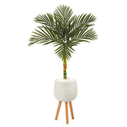 Nearly Natural 4.5ft Golden Cane Palm Tree in white planter with stand on Tampa Home & Garden Store