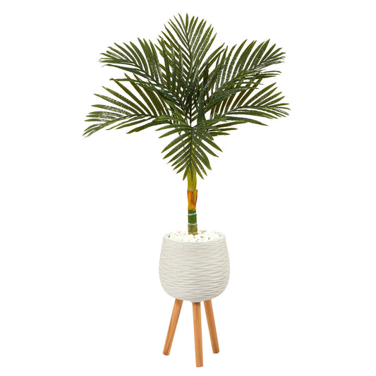 Nearly Natural 4.5ft Golden Cane Palm Tree in white planter with stand on Tampa Home & Garden Store