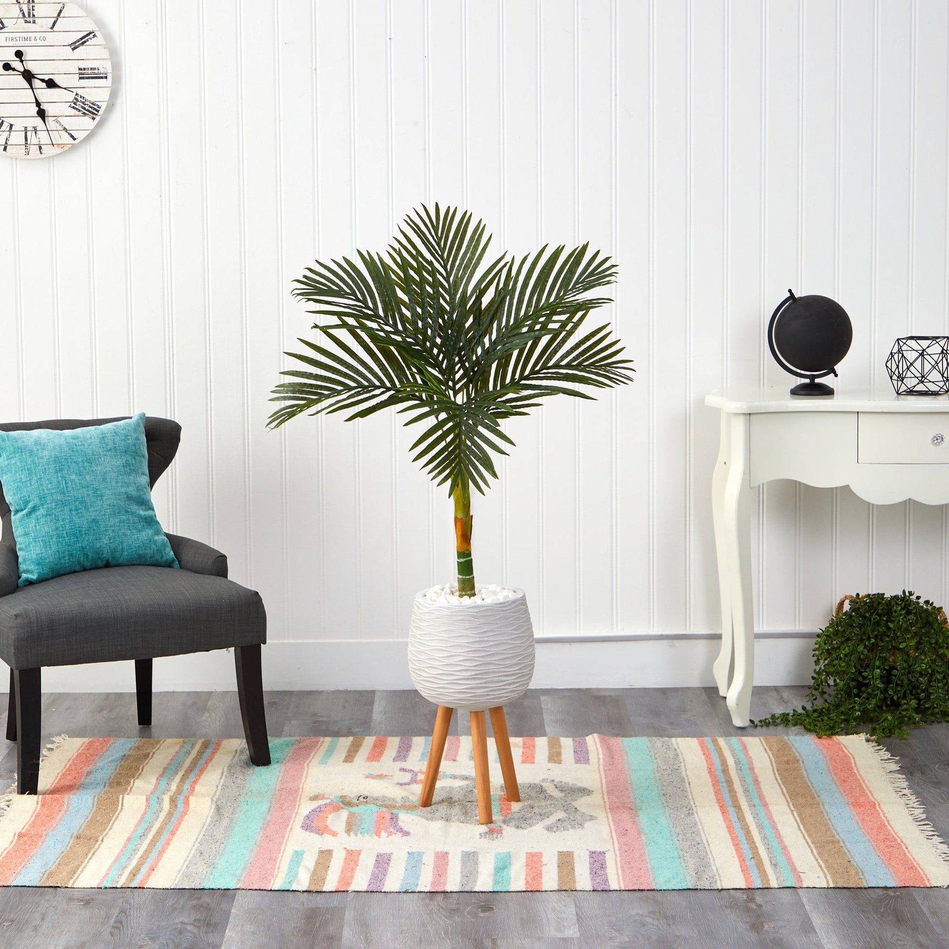 4.5’ Golden Cane artificial palm tree in white planter with stand Nearly Natural on Tampa Home & Garden Store